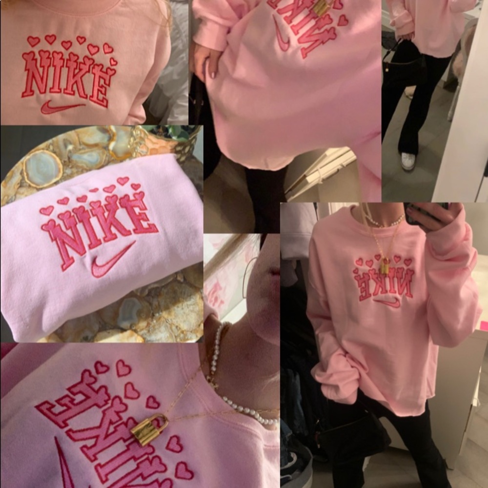 Pink heart “Nike” embroidered crewneck/scoopneck sweater